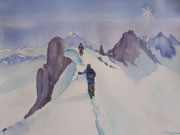 "Arrivée au sommet", aquarelle sur papier