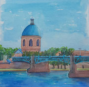 Toulouse, Pont St-Pierre et dôme de la Grave, aquarelle sur papier 