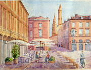 "Toulouse, pause café place du Capitole", aquarelle sur papier, 