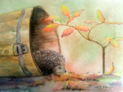 "Le hérisson sort de sa cachette", aquarelle sur papier, 40x50cm