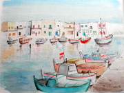 "Port de Mykonos, Grêce", aquarelle sur papier