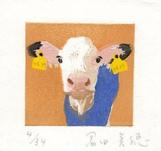 「青チョッキの白ちゃん」水性木版画　"Blue Vest White Calf"  Woodblockprint on paper　2011  4.7cm×5cm　