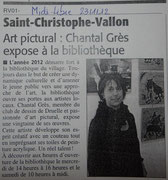 Artcle de presse de Midilibre de l'exposition de peinture de Chantal GRES, artiste peintre à Rodez (12) à la bibliothèque de Saint Christophe Vallon en Aveyron
