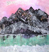 Colorful Maontain above lake, Acryl und Tusche auf Papier