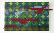 Die Möwen sind schon da, 2020, 65 x 100 cm, Acryl auf Nessel, Druckfarbe auf  Sperrholz