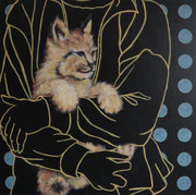 Elke mit dem kleinen Luchs, 2026, 40 x 40 cm, Acryl auf wiederbenutzter Malpappe