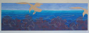 Horizont, 2013, 65 x 198 (+Möwe), Acryl auf Nessel, Buchensperrholz