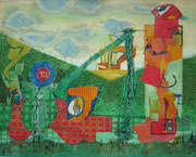 "Hochstapelei"  2025  80x100 cm  Collage/Öl auf Holzfaserplatte
