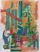 "Verheizt"   2021     65x50 cm  Collage/Acryl/Farbstift auf Büttenpapier