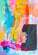 Davide Ricchetti: "Les fleurs de Iris- esercizio su Mucha", tecnica mista su carta, cm 56x40, 2024