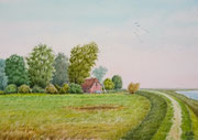 Gehöft hinterm Deich, 30x40, Aquarell auf Papier