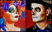 Title: Lizbeth: La Catrina,Alex: El Catrin, Diptych Portraits of Lizbeth Ortiz and Alex Barber ©2023, Dimensions: 8"w X 10”h each,  Acrylic on Canvas, Private Collector