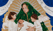 "El Tepeyac de Los Angeles: Madonna and Child" © 2020, Dimensions: 36" h x 60" w, Acrylic on Canvas