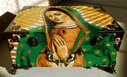 Guadalupe Wood Box  © 2019,  Acrylic, Goldleaf and Metal on Wood box, Dimensions 11" L x 7" W x 5" D, Private Collector