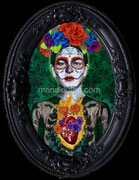 Title: Frida: Corazon Encendido (Frida: Heart on Fire)©2023, Acrylic on Wood Panel, Antique Frame, Dimensions: 20" h x 13 1/2" w, Private Collector