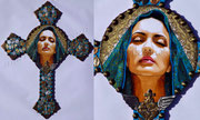 Milagros II Madonna  © 2019 Dimensions: 22" h x 17" w x 3/8" thick.  Brassl, 14kt and Acrylic on Wood. Black velvet backing,  Private Collector