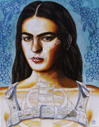 Frida: Garden of Forget Me Nots © 2023,  Acrylic  on Canvas, Dimensions: 14" h x 11" w , Private Collector