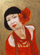 Red Pearl Necklace, "Portrait of Khue © 2018 Acrylic on Canvas,  Dimensions 18" w x 24" h, Private Collector, Los Angeles  CA USA Asian Pacific  Islander American Hertiage Month Calendar and  Cultural Book 2018 - Front Cover