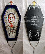 Title: Frida Calavera Coffin ©2023, Dimensions: 12" w x 21" h, Velvet, metal, rhinestones, glass beads & acrylic on wood, Private Collector