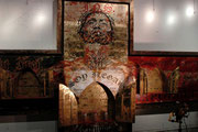 Soy Ilegal Crucifixion ©2006, Acrylic, Gold, Copper and Silver Leaf on Wood, Dimensions 250" w x 105" h x 8" d, Private Collector, Machete Movie 2010