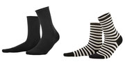 Sokken Alexis in 98% bio-katoen met 2% elastaan, per 2 paar verpakt, zwart en zwart/zandkleur gestreept, Living Crafts, beschikbaar in de maten 35-38 en 39-42, prijs: 12,99 €
