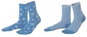 Sokken Alexis in 98% bio-katoen met 2% elastaan, per 2 paar verpakt, blauw met bloemen en gestreept, Living Crafts, beschikbaar in de maten 35-38 en 39-42, prijs: 14,99 €
