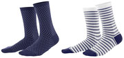 Sokken Alexis in 98% bio-katoen met 2% elastaan, per 2 paar verpakt, inktblauw/wit met stippen en gestreept, Living Crafts, beschikbaar in de maten 35-38 en 39-42, prijs: 12,99 €