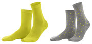 Sokken Bettina in 98% bio-katoen met 2% elastaan, per 2 paar verpakt, geel en grijs met gele stippen, Living Crafts, beschikbaar in de maten 35-38 en 39-42, prijs: 12,99 €