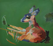 Liegendes Reh, 2024, Öl auf Leinen, 43x50 cm