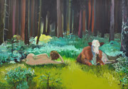 Zwei weibliche Wesen im Wald, 2025, Öl auf Leinen, 70 x 100 cm