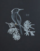 Raureif mit Vogel, Pastell, auf schwarzem Papier, 30 x 40 cm, 2026.