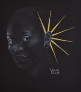Portrait mit goldenem Ohrschmuck / Portrait with gold earrings. Pastell auf schwarzem Papier, 28 x 32 cm, mit Rahmen 42 x 46 cm, 2026. Pastel on black paper.
