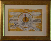 Scénario; Blattgold, Tusche und Pastell auf Papier, 48x38cm inkl. Rahmen. Feuille d'or, encre et pastel sur papier, 48x38cm inclus  cadre, 2018
