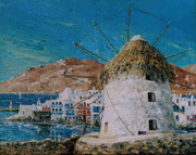 "Little Venice et Moulin à Mykonos,Grèce" huile s/toile 45x35