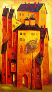 Großes Haus in Gelb-Braun,  80 x 140 cm, Öl auf Leinwand