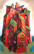 Häuser in Rot ( grüne Dächer ),  79 x 110 cm, Öl auf Leinwand