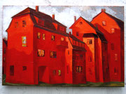 Häuser in Rot. Hochwasser, 100 x 80 cm, Acryl auf Leinwand