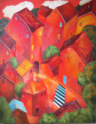 Rote Häuser mit Zebrastreifen,  110 x 140 cm, Öl auf Leinwand