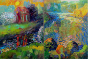 Landschaft mit Löwe, Diptychon je 75 x 100 cm, Öl auf Leinwand