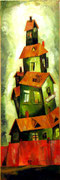 Häuserturm in Grün,  40 x 120 cm, Öl auf Leinwand