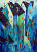 Häuserschlucht in Blau, 110 x 140 cm, Öl auf Leinwand
