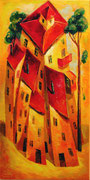 Haus und zwei Kiefern, 50 x 100 cm, Öl auf Leinwand