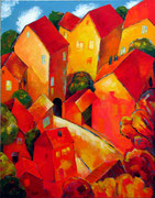 Häuser im Herbst, 110 x 140 cm, Acryl auf Leinwand