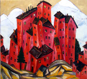 Rote Häuser auf der Gebirgslandschaft, 110 x 100 cm, Öl auf Leinwand