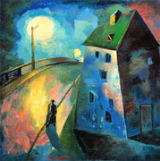 Haus an der Brücke, 110 x 110 cm, Öl auf Leinwand, / verkauft /