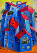 Häuser in Blau, 70 x 100 cm, Öl auf Leinwand