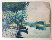 Canal de Nantes à Brest, 1951, (huile sur calendrier des postes, 24 X 18 cm, coll. part. MR)