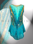 Kürkleid in Türkisgrün mit Applikationen in Hologold, Strass- und Annähsteine in Goldtönen/ Gr. 128-134/ Vorderansicht