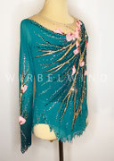 Wunderschönes Kürkleid in Türkisgrün mit Applikationen in Hologold und Blütenblättern, Gr. 146-152, Seitenansicht