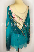 Wunderschönes Kürkleid in Türkisgrün mit Applikationen in Hologold und Blütenblättern, Gr. 146-152, Rückenansicht